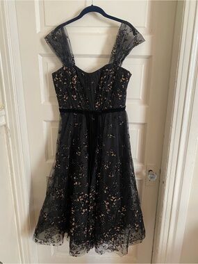 Marchesa Notte Black Tulle Dress with Gold Detail